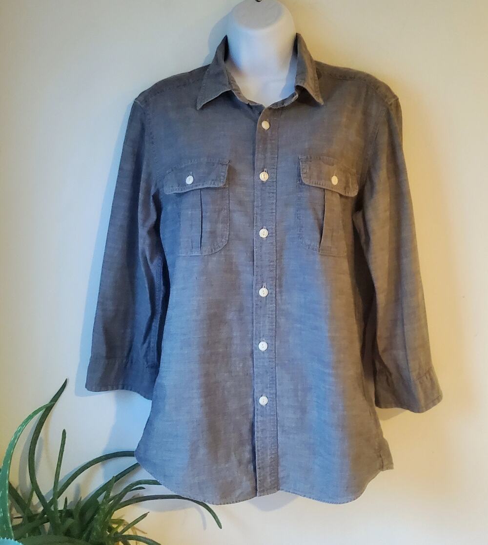 Uniqlo Womens Gray 3/4 Sleeve Cotton Button Down Utility Shirt Size S Preppy